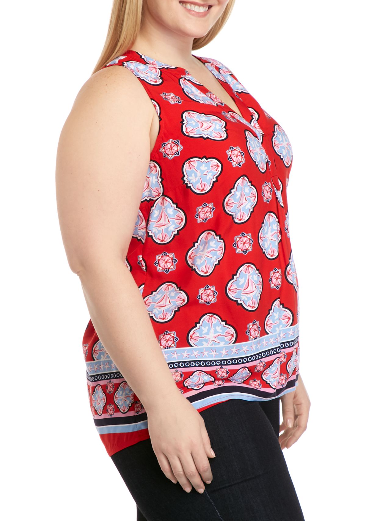 Plus Size Sleeveless Y-Neck Printed Peasant Top