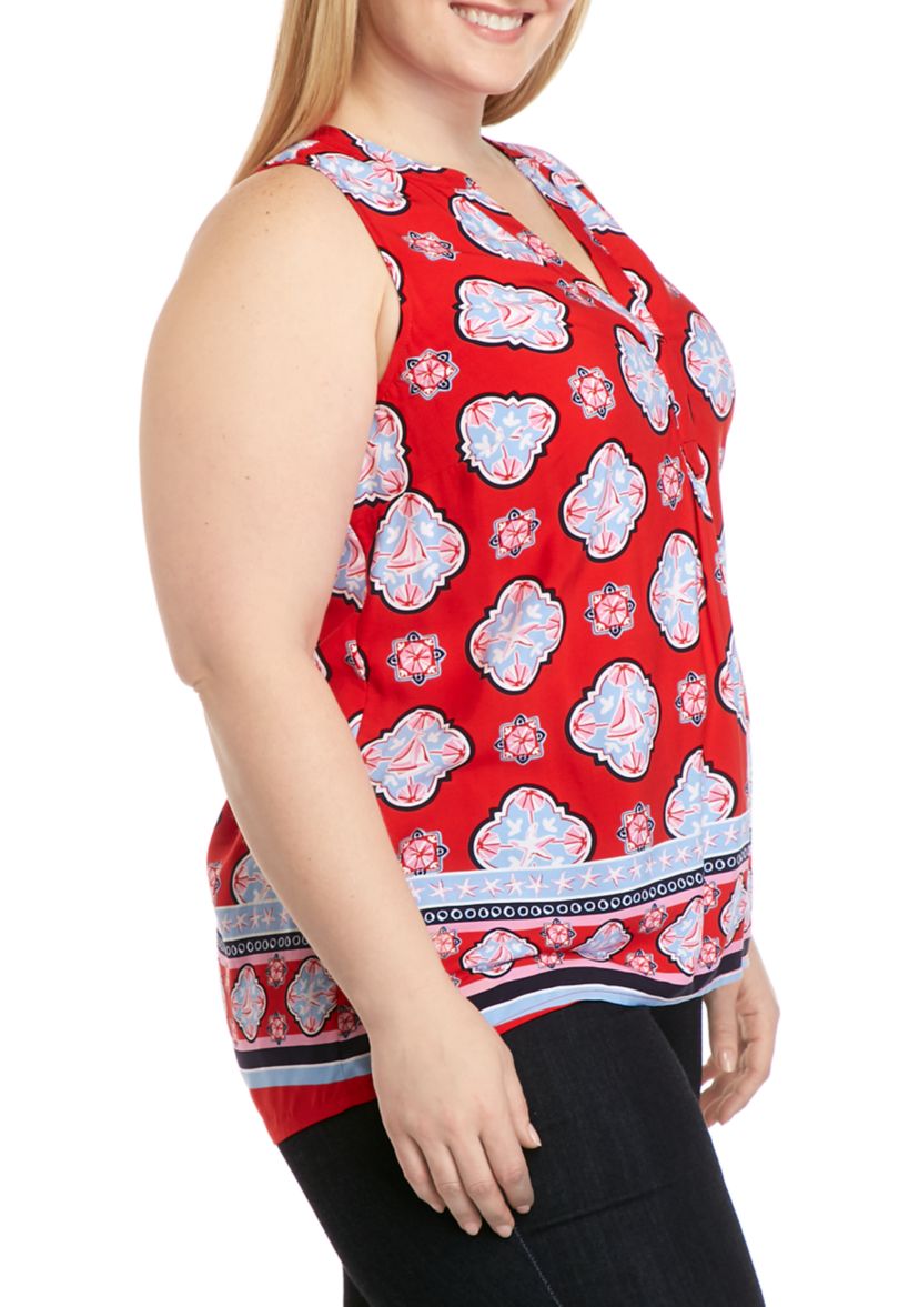 Plus Size Sleeveless Y-Neck Printed Peasant Top