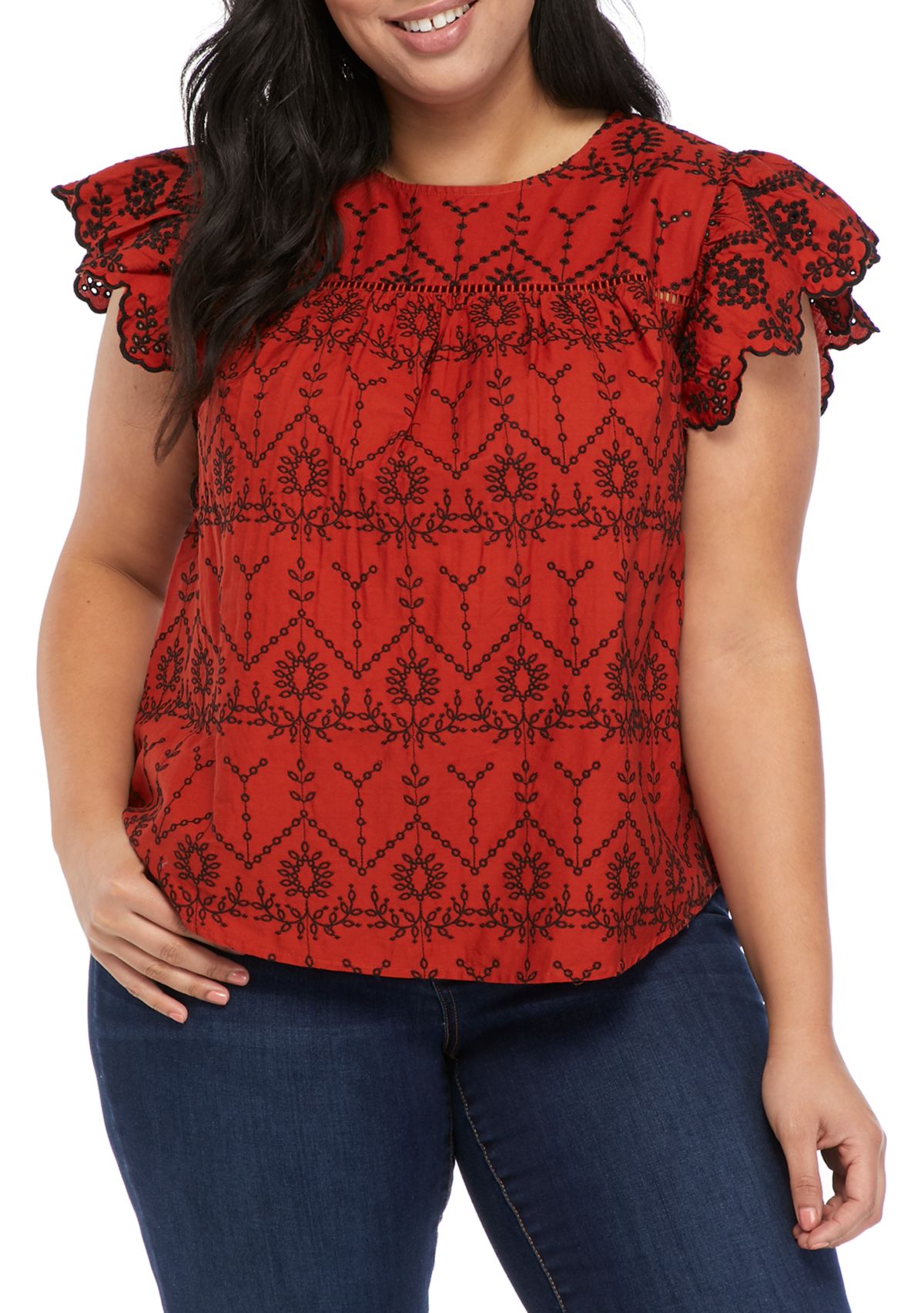 Plus Size Flutter Sleeve Eyelet Embroidered Top