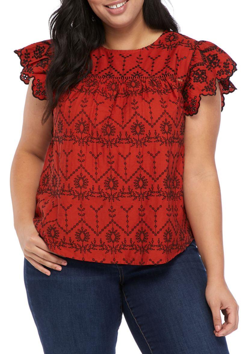 Plus Size Flutter Sleeve Eyelet Embroidered Top