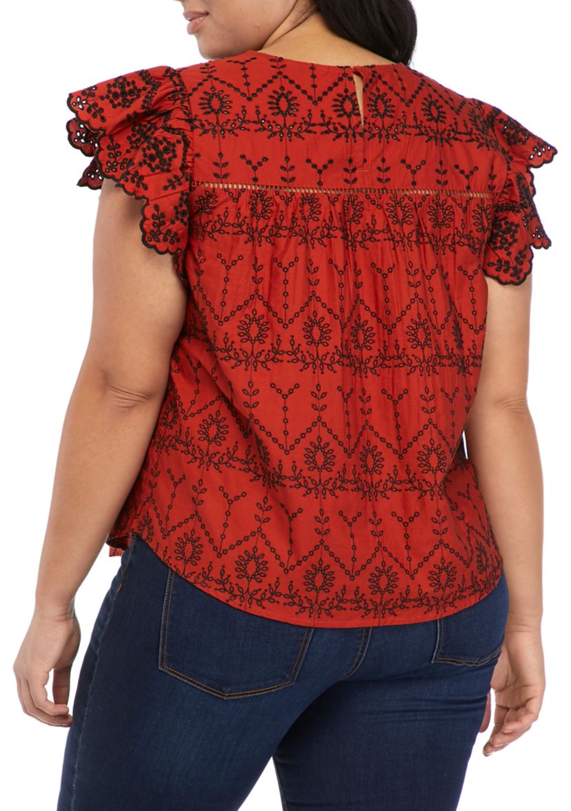 Plus Size Flutter Sleeve Eyelet Embroidered Top