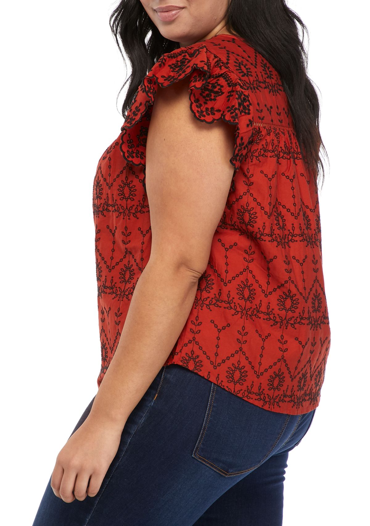 Plus Size Flutter Sleeve Eyelet Embroidered Top