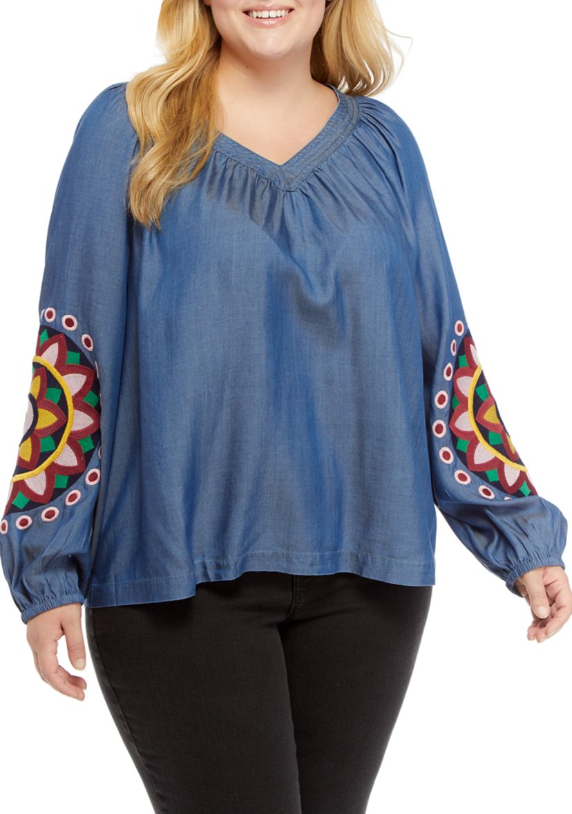 Plus Size Embellished Balloon Sleeve Peasant Top