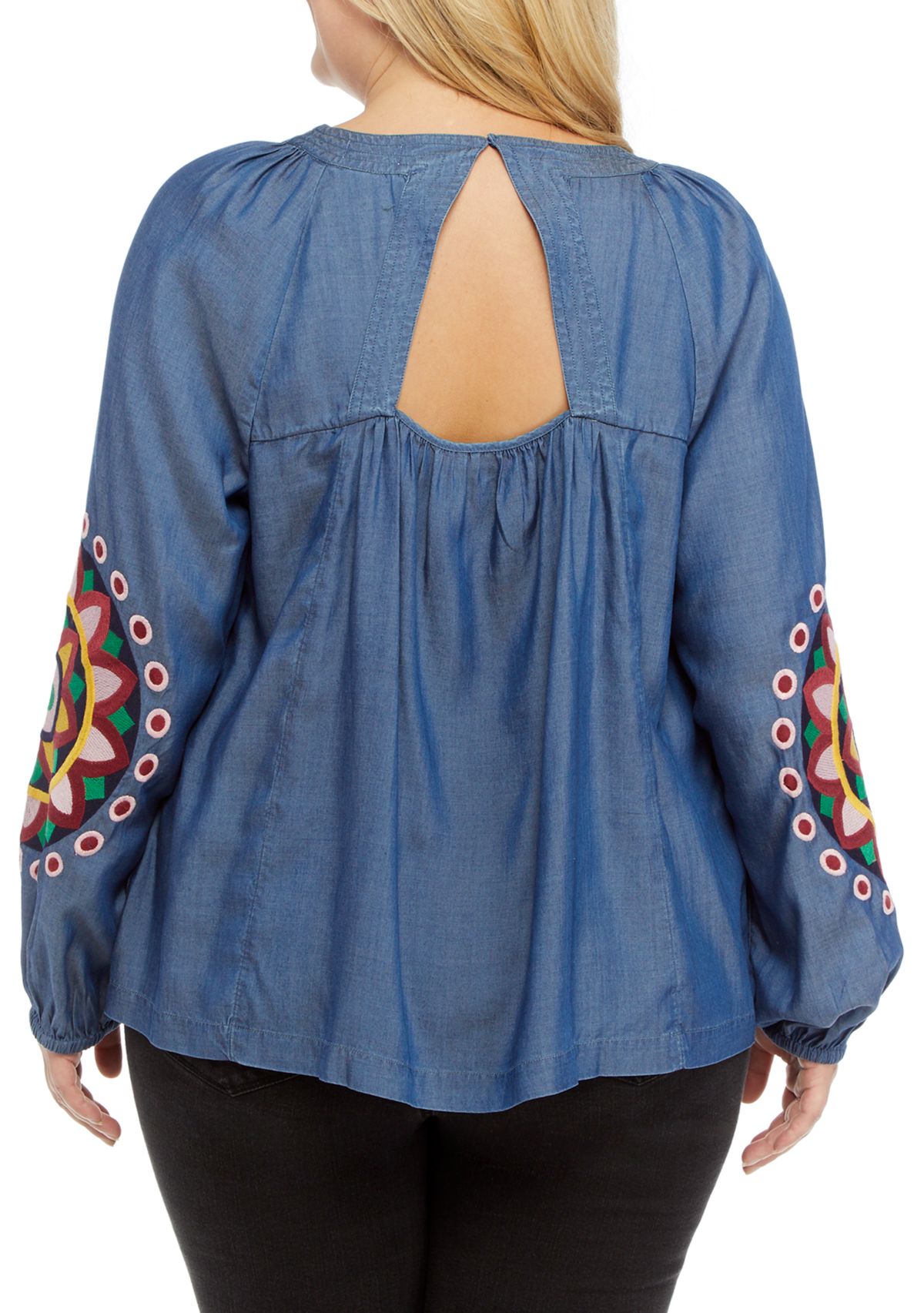 Plus Size Embellished Balloon Sleeve Peasant Top