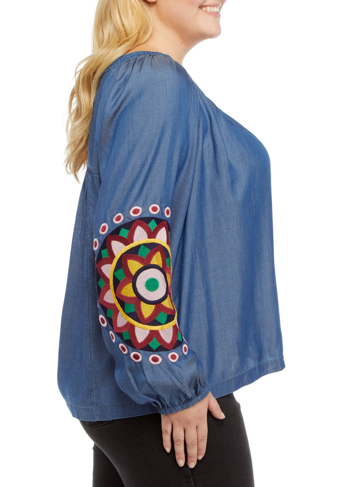 Plus Size Embellished Balloon Sleeve Peasant Top