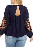  Plus Size Embellished Balloon Sleeve Peasant Top 