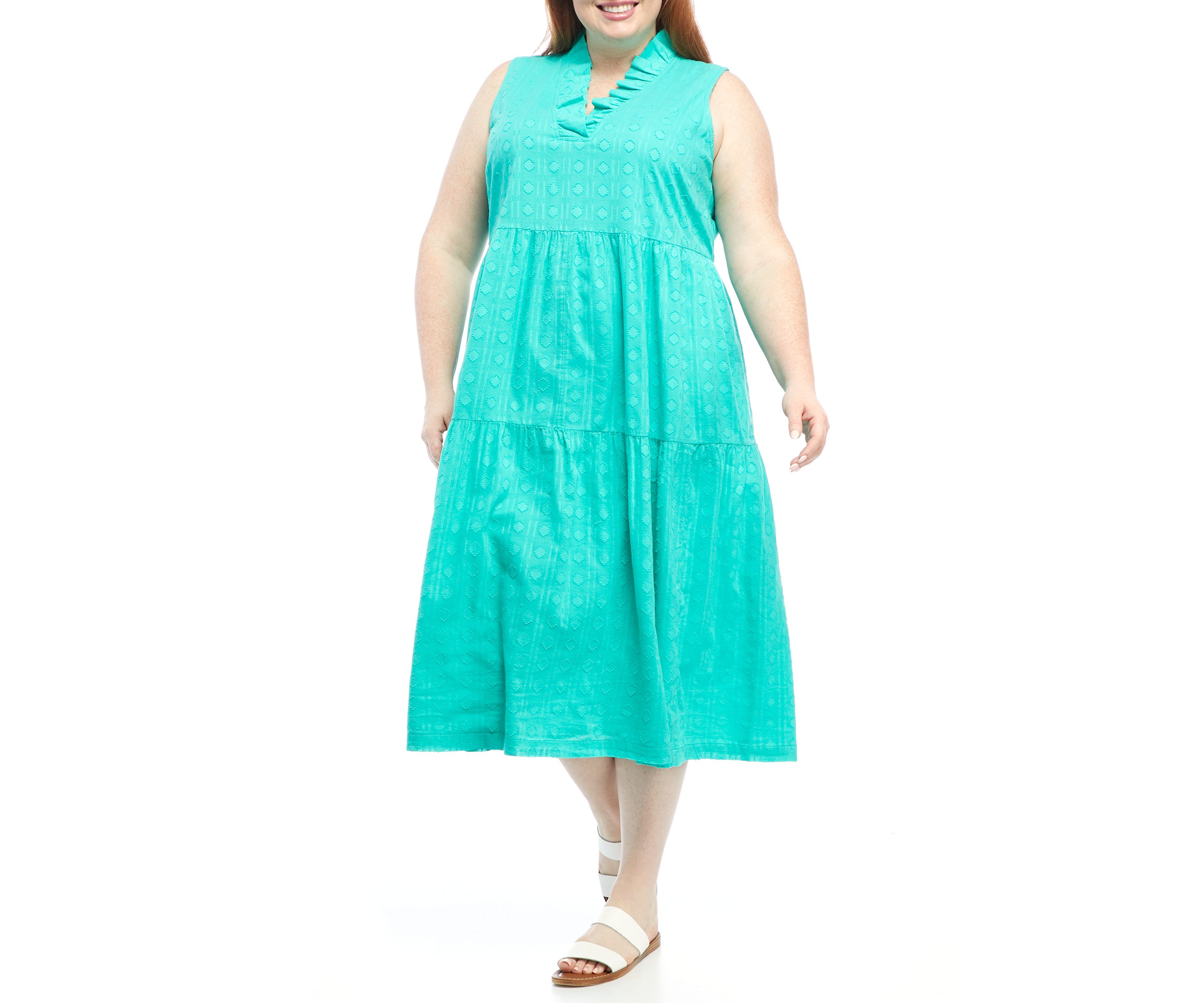 Plus Size Sleeveless Ruffle Neck Midi Dress 