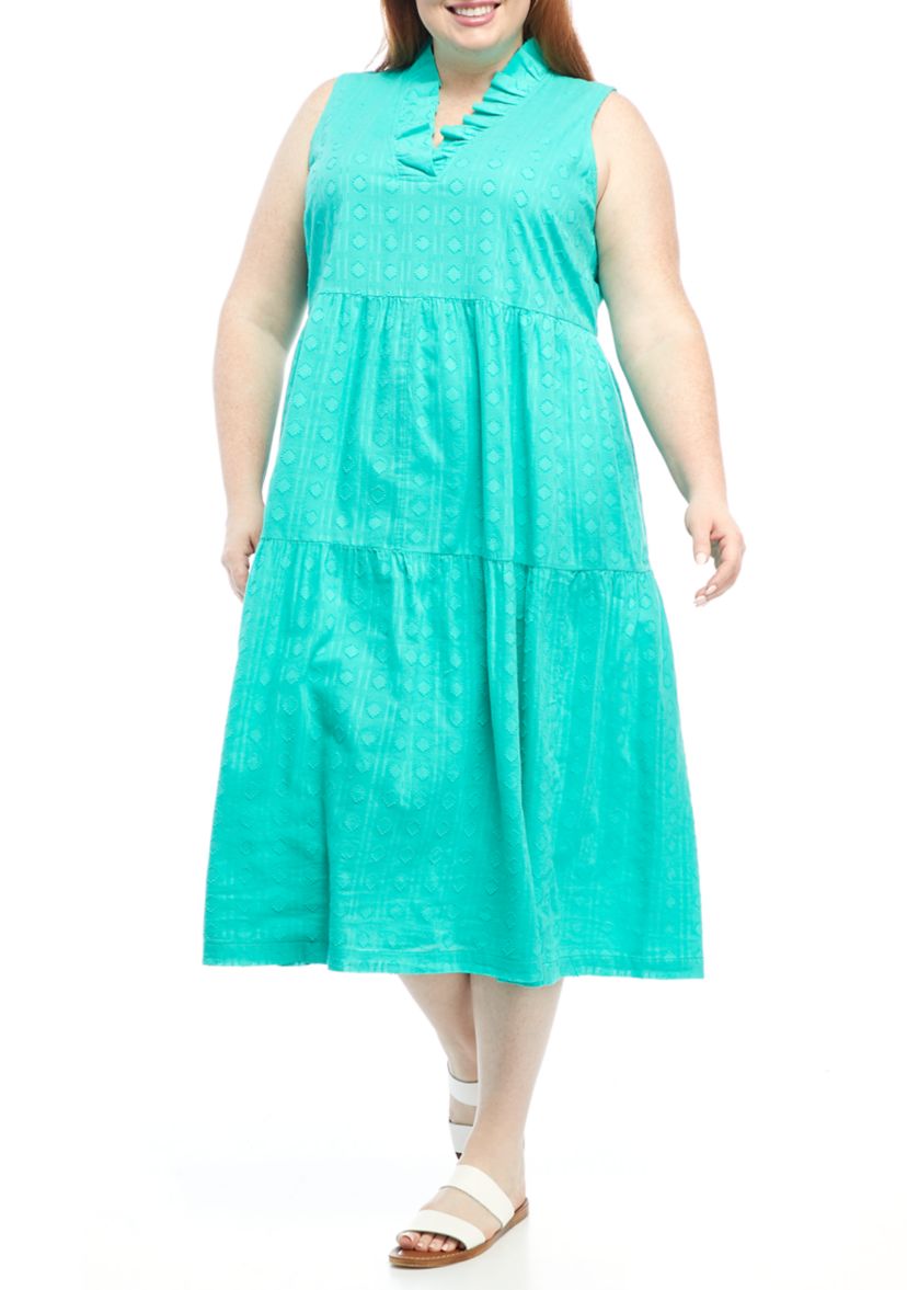 Plus Size Sleeveless Ruffle Neck Midi Dress 