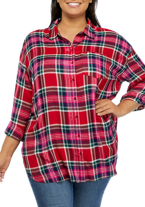 Plus Size Roll Tab Printed Button Up Tunic 