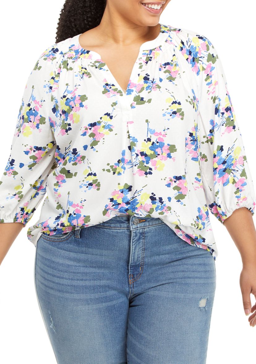 Plus Size Split Neck Peasant Top