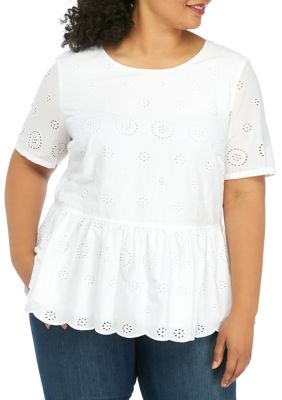 Crown & Ivy™ Plus Size Short Sleeve Peplum Eyelet Top | belk