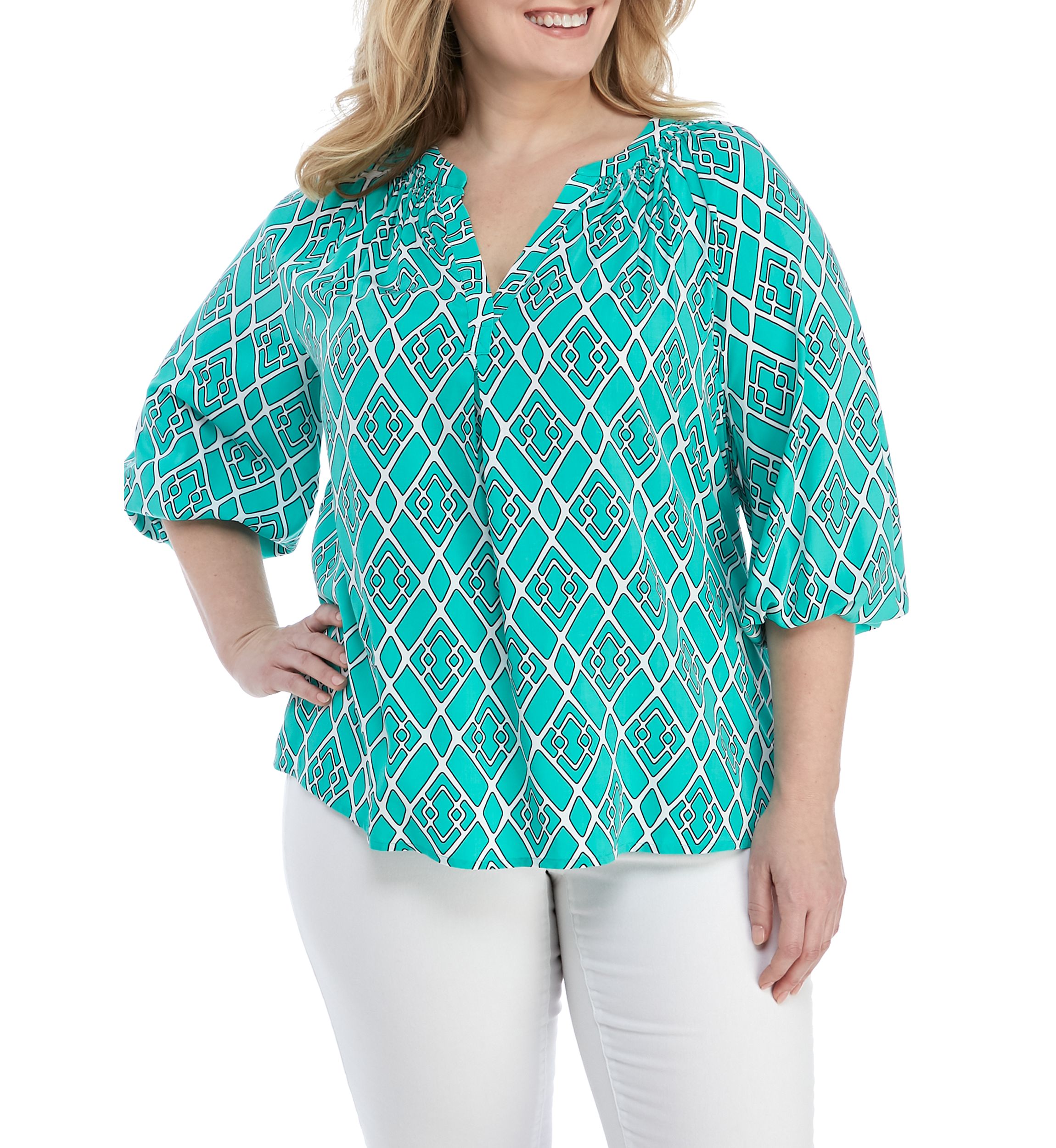 Plus Size 3/4 Sleeve Print Peasant Top