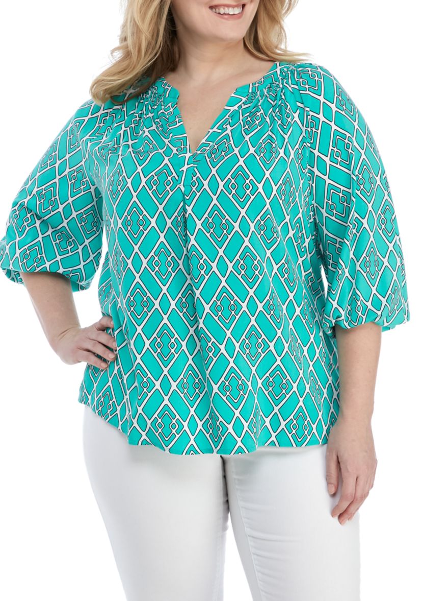 Plus Size 3/4 Sleeve Print Peasant Top