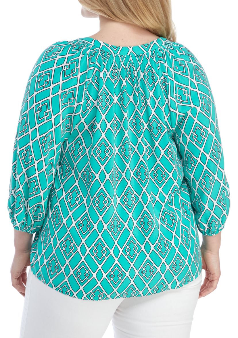 Plus Size 3/4 Sleeve Print Peasant Top