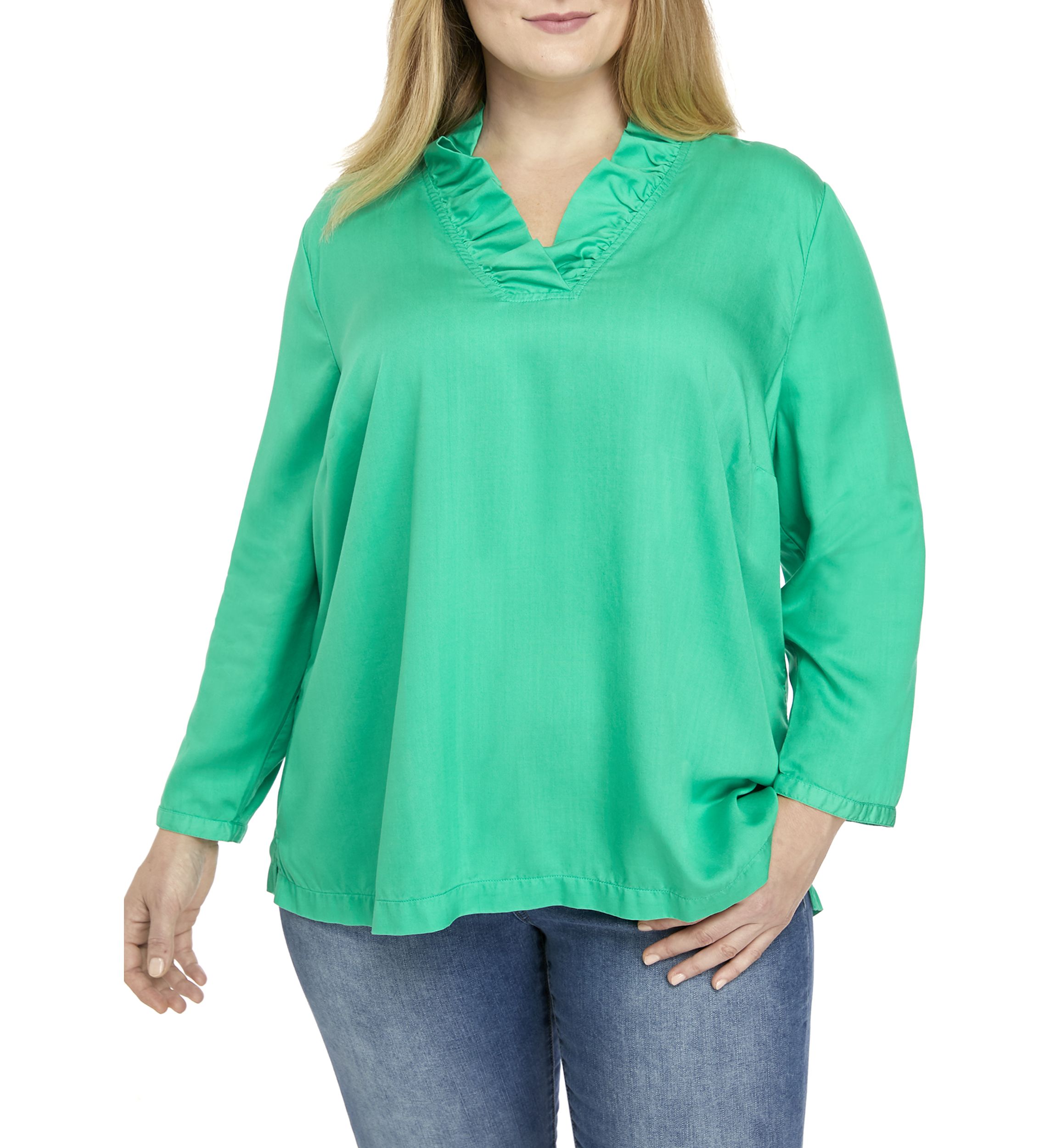 Plus Size 3/4 Sleeve Ruffle Neck Blouse