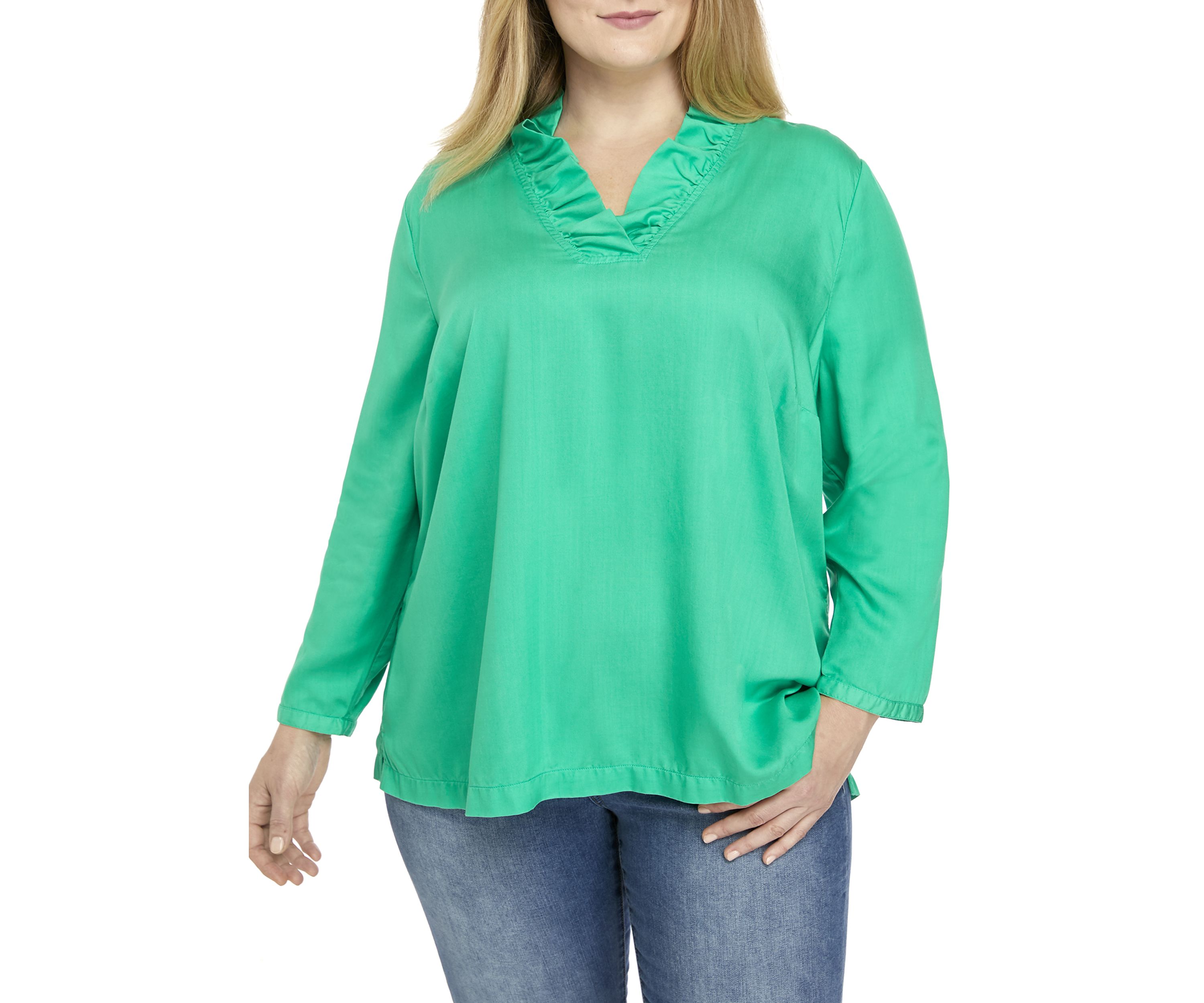 Plus Size 3/4 Sleeve Ruffle Neck Blouse