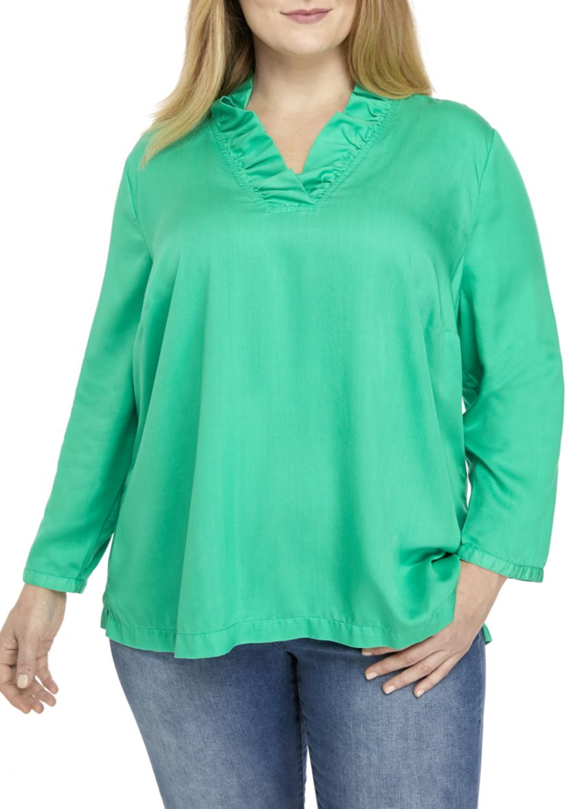 Plus Size 3/4 Sleeve Ruffle Neck Blouse