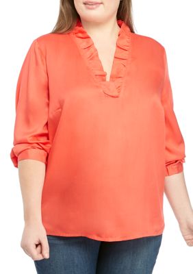 Plus 3/4 Sleeve Ruffle Neck Blouse