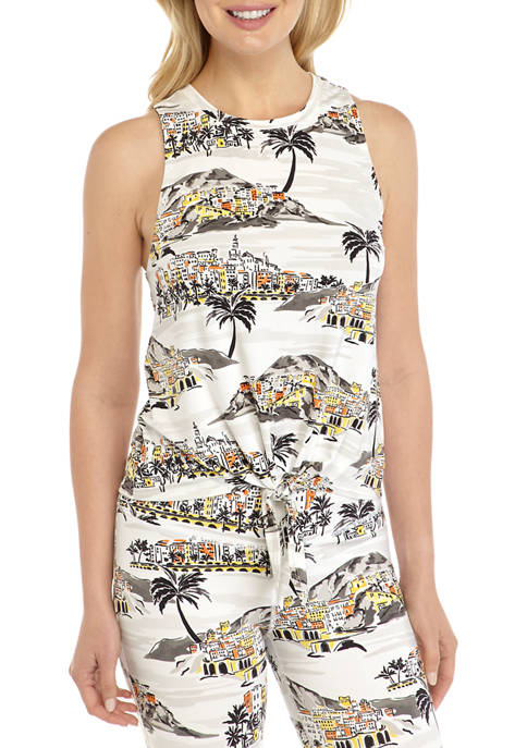 Crown & Ivy™ Womens Knot Front Printed Tank