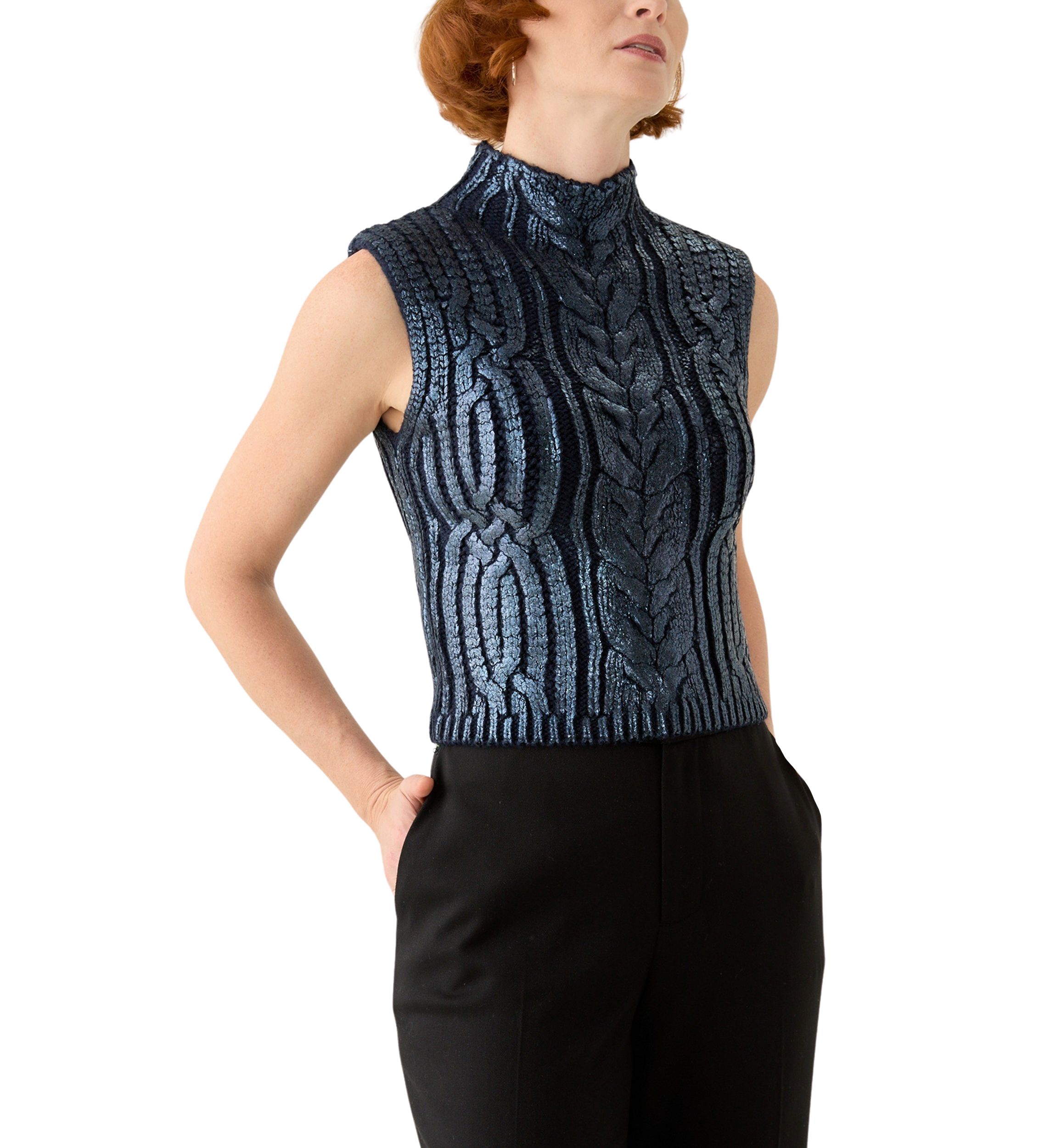 Womens Sleeveless Mock Neck Metallic Vest