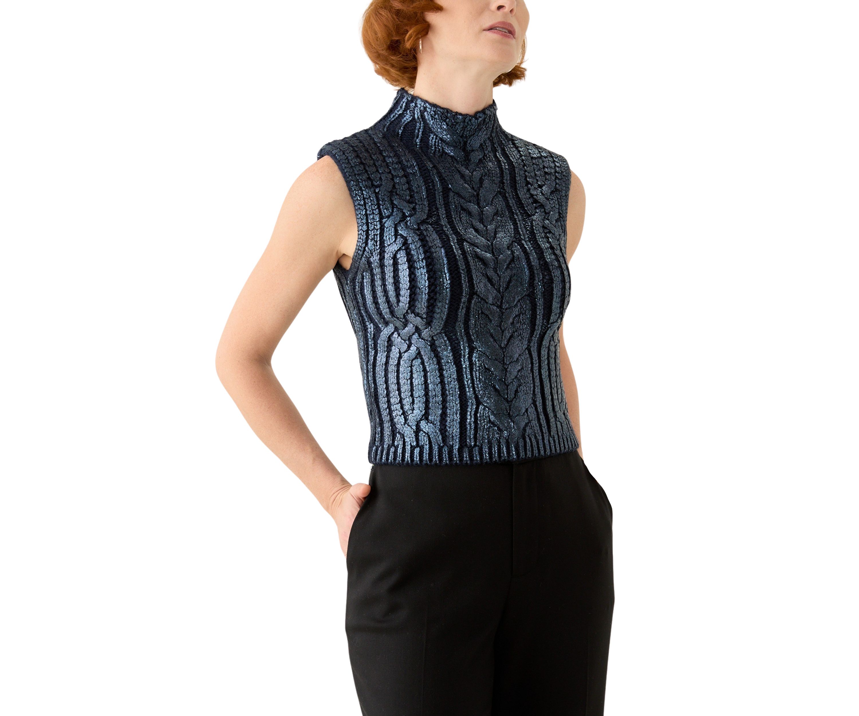 Womens Sleeveless Mock Neck Metallic Vest