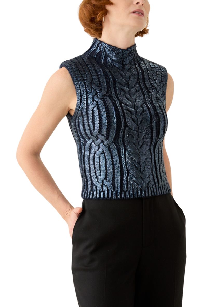 Womens Sleeveless Mock Neck Metallic Vest