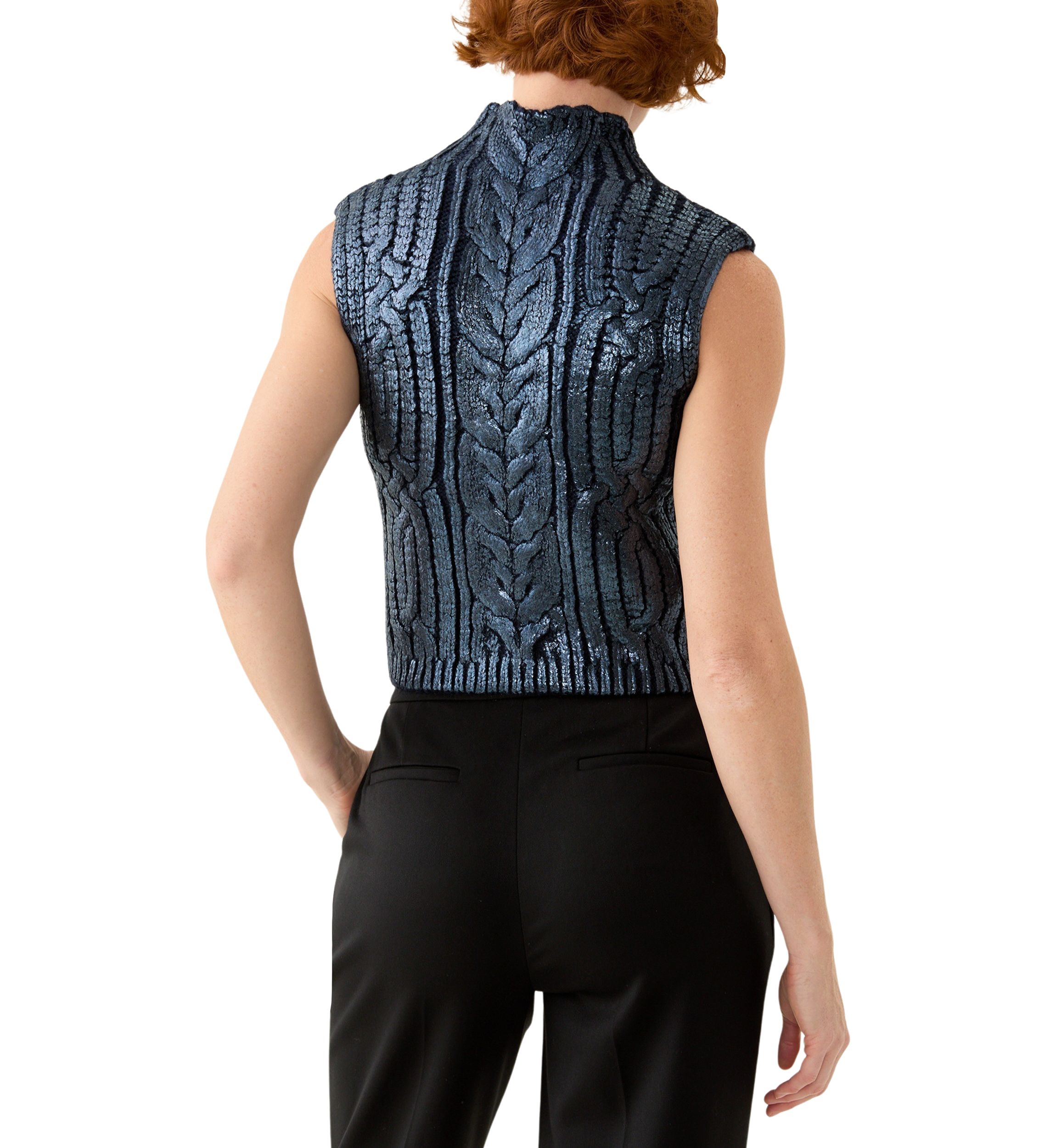 Womens Sleeveless Mock Neck Metallic Vest