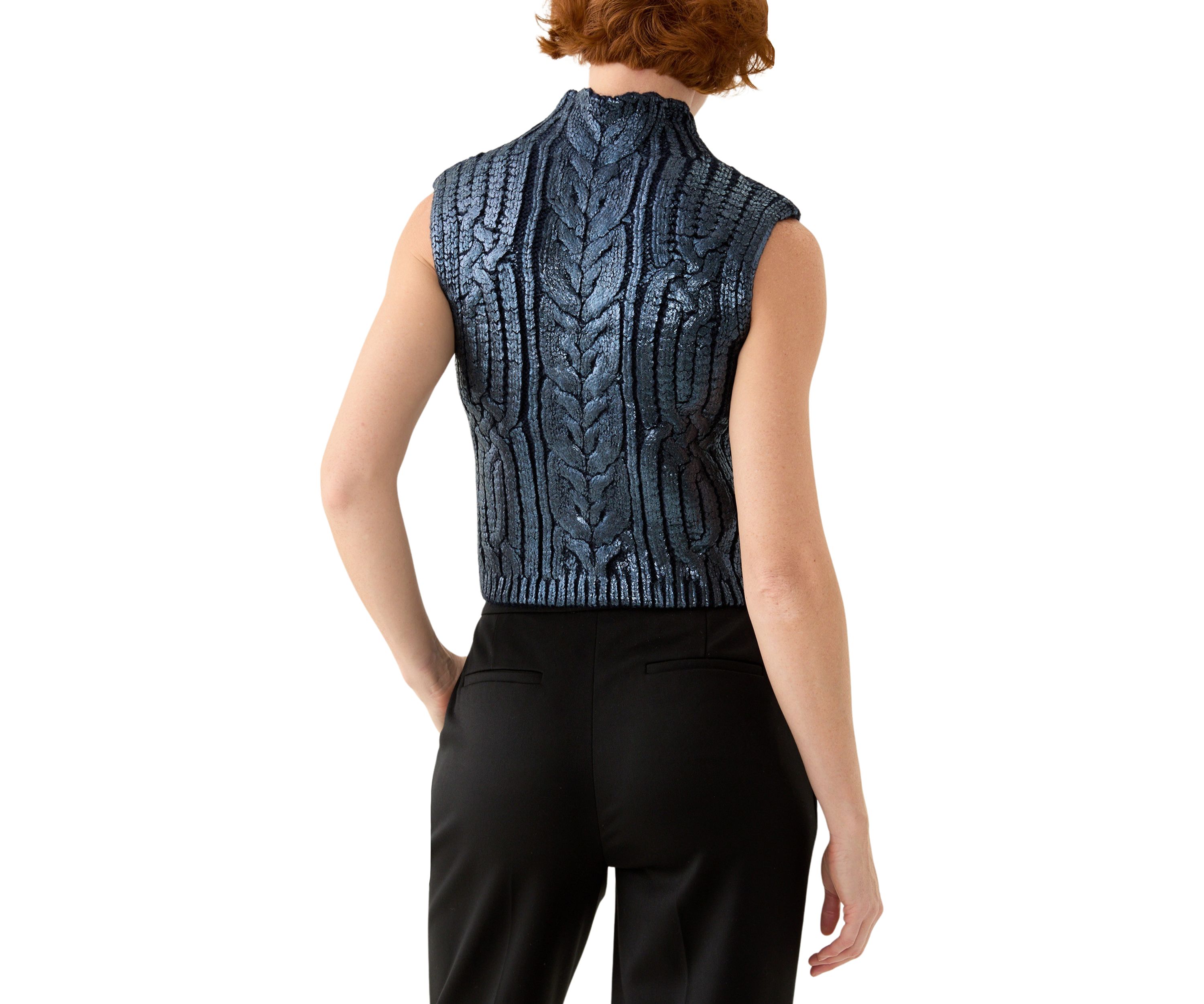 Womens Sleeveless Mock Neck Metallic Vest