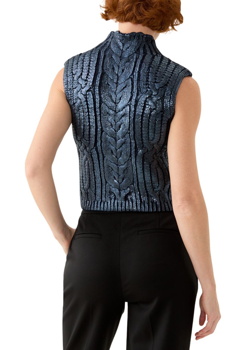 Womens Sleeveless Mock Neck Metallic Vest