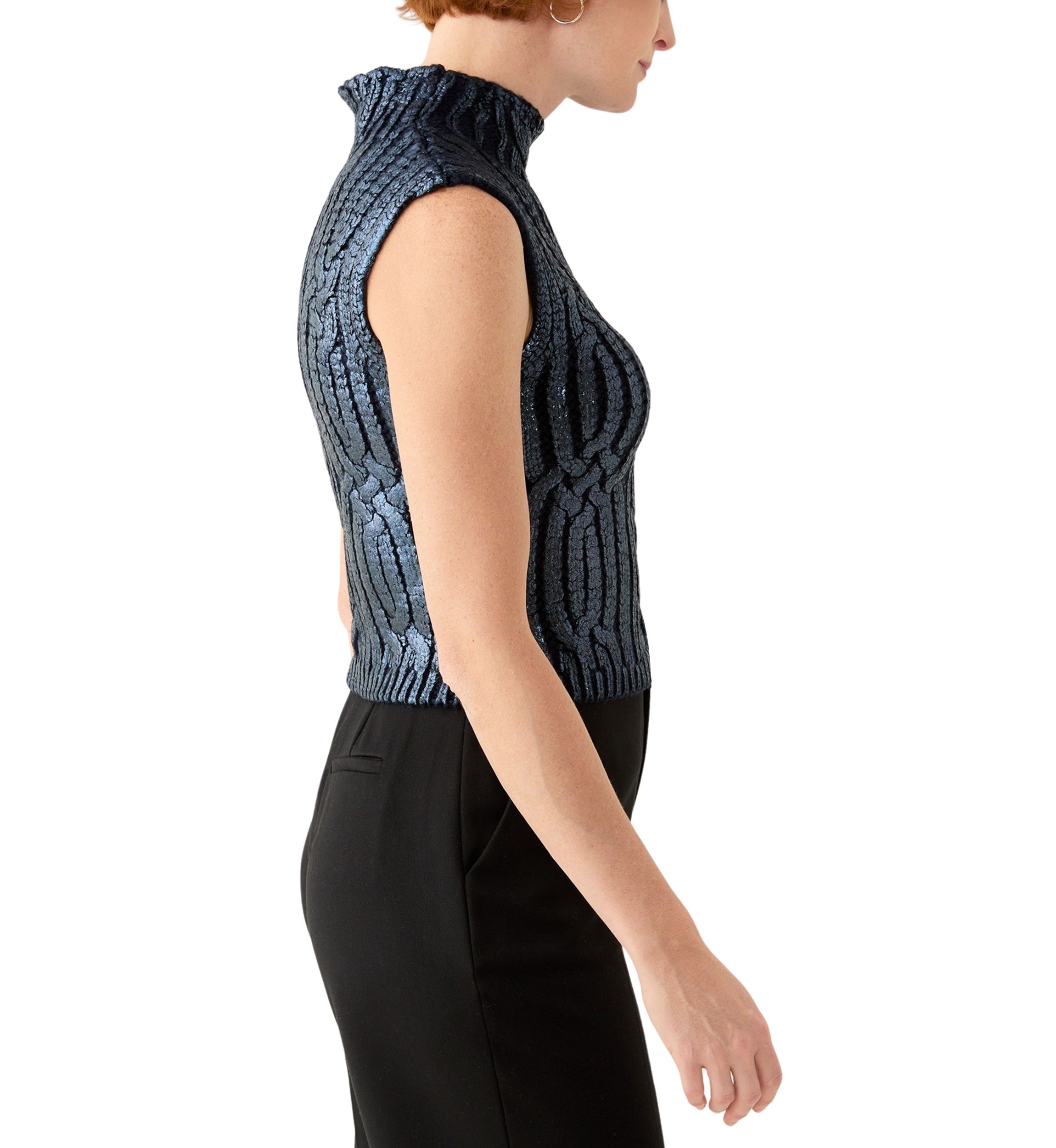 Womens Sleeveless Mock Neck Metallic Vest