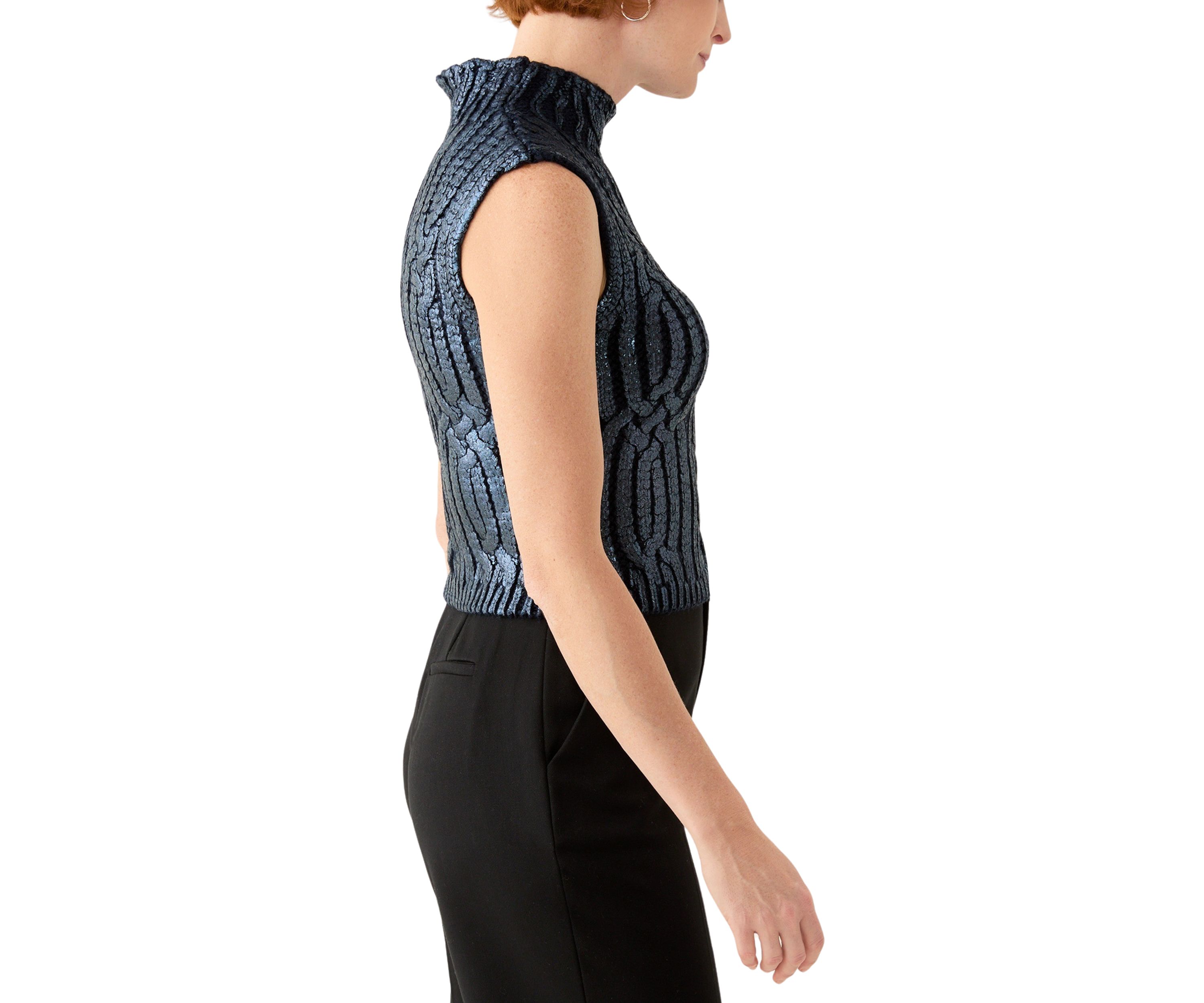 Womens Sleeveless Mock Neck Metallic Vest