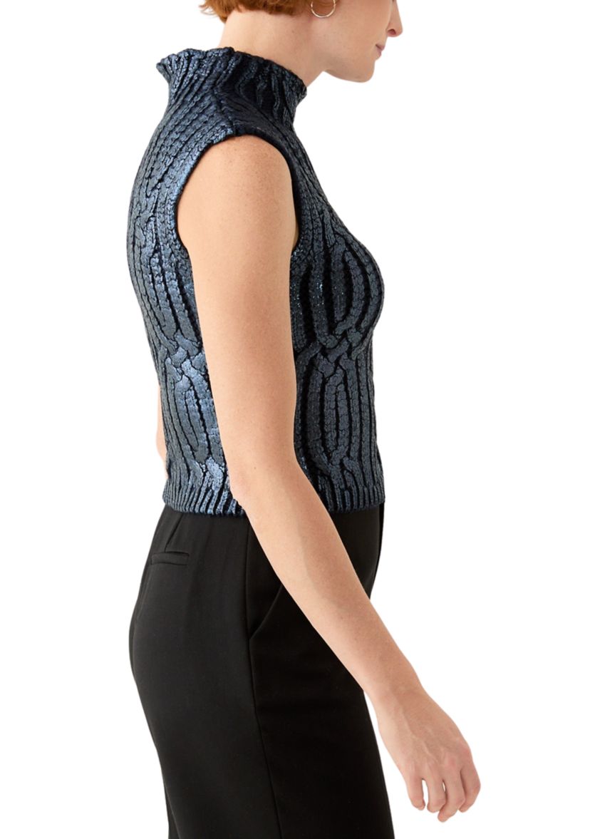 Womens Sleeveless Mock Neck Metallic Vest