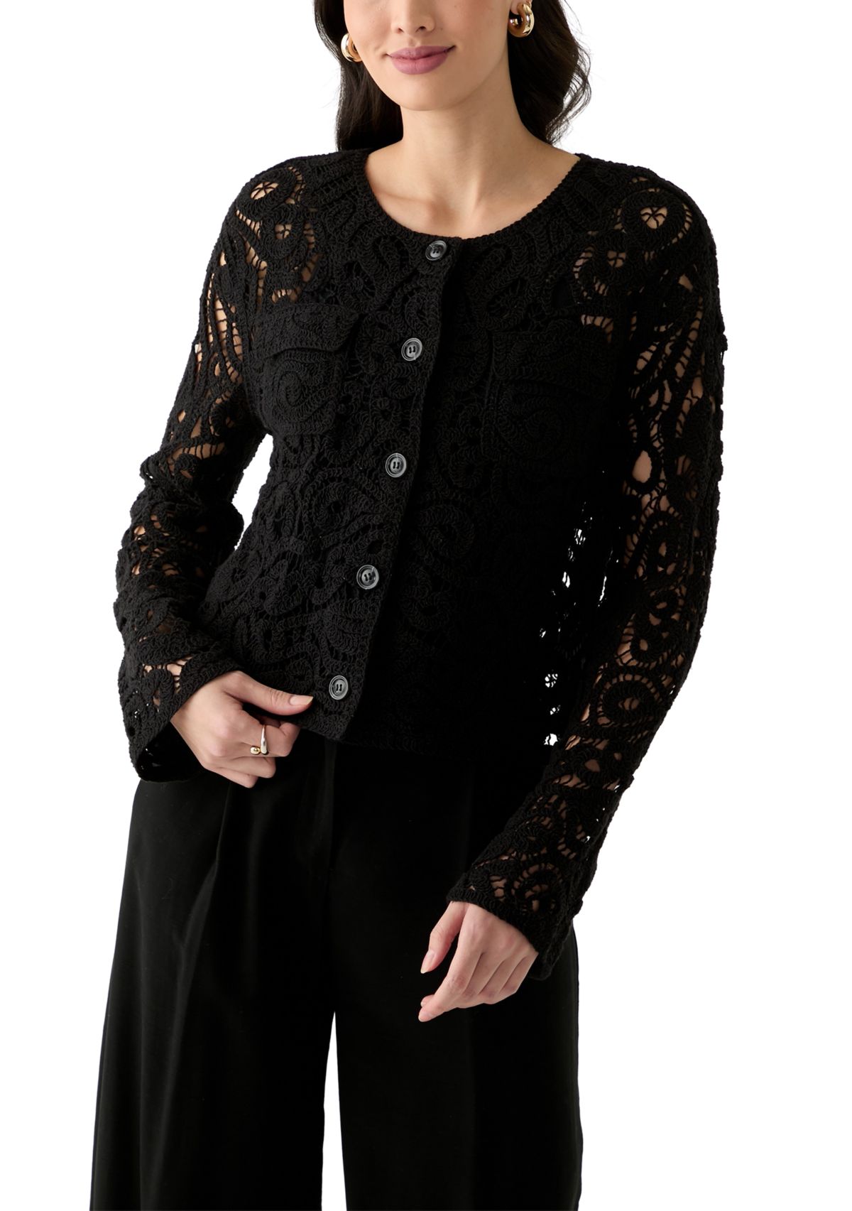 Womens Long Sleeve Crew Neck Button Up Crochet Coat