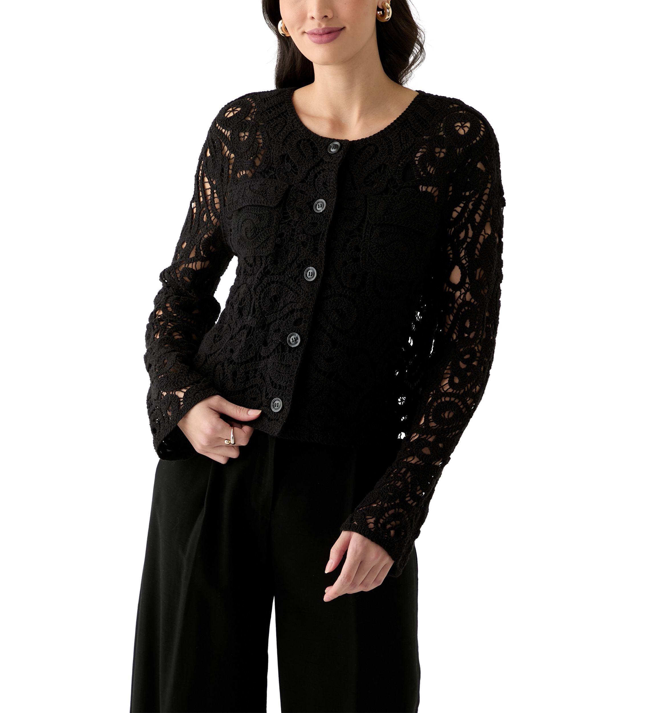 Womens Long Sleeve Crew Neck Button Up Crochet Coat