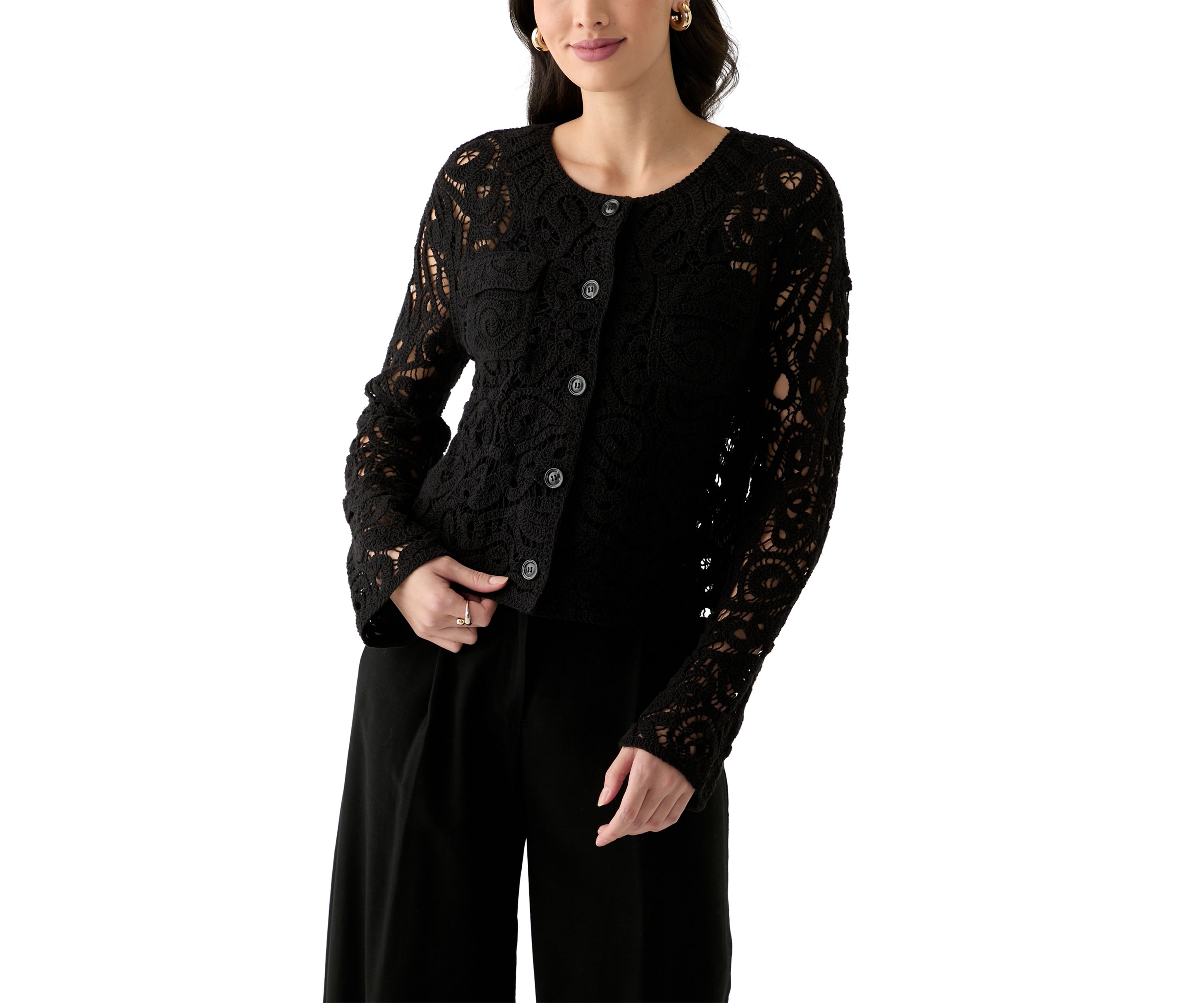 Womens Long Sleeve Crew Neck Button Up Crochet Coat