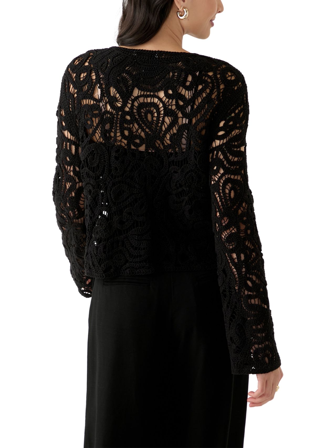 Womens Long Sleeve Crew Neck Button Up Crochet Coat