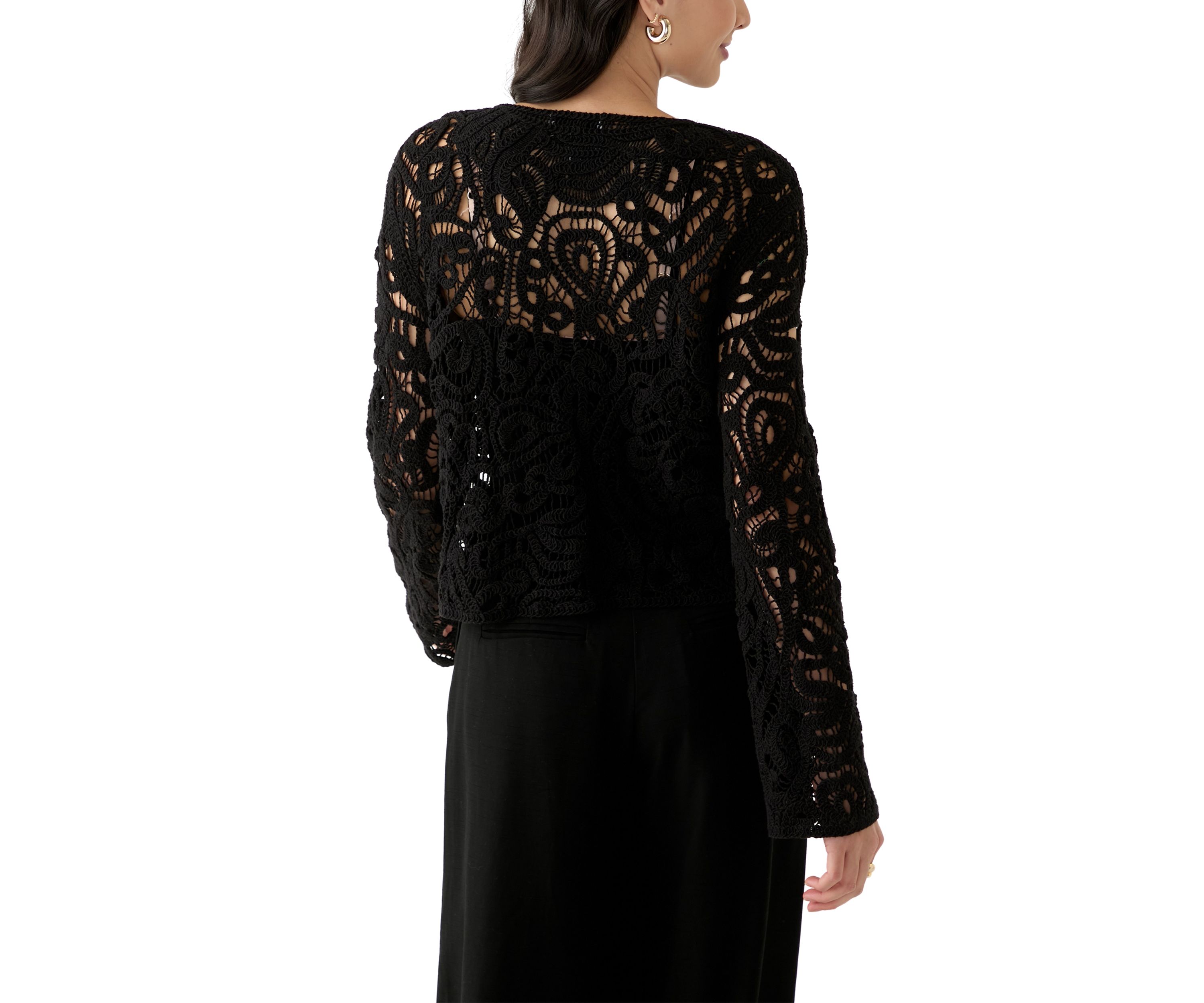 Womens Long Sleeve Crew Neck Button Up Crochet Coat