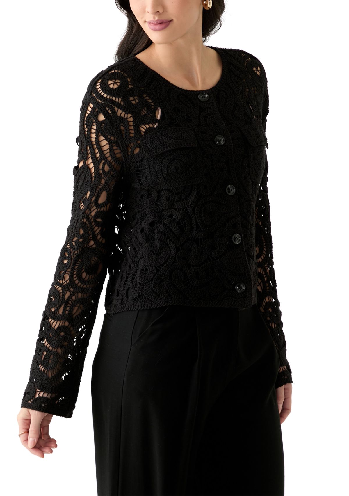Womens Long Sleeve Crew Neck Button Up Crochet Coat