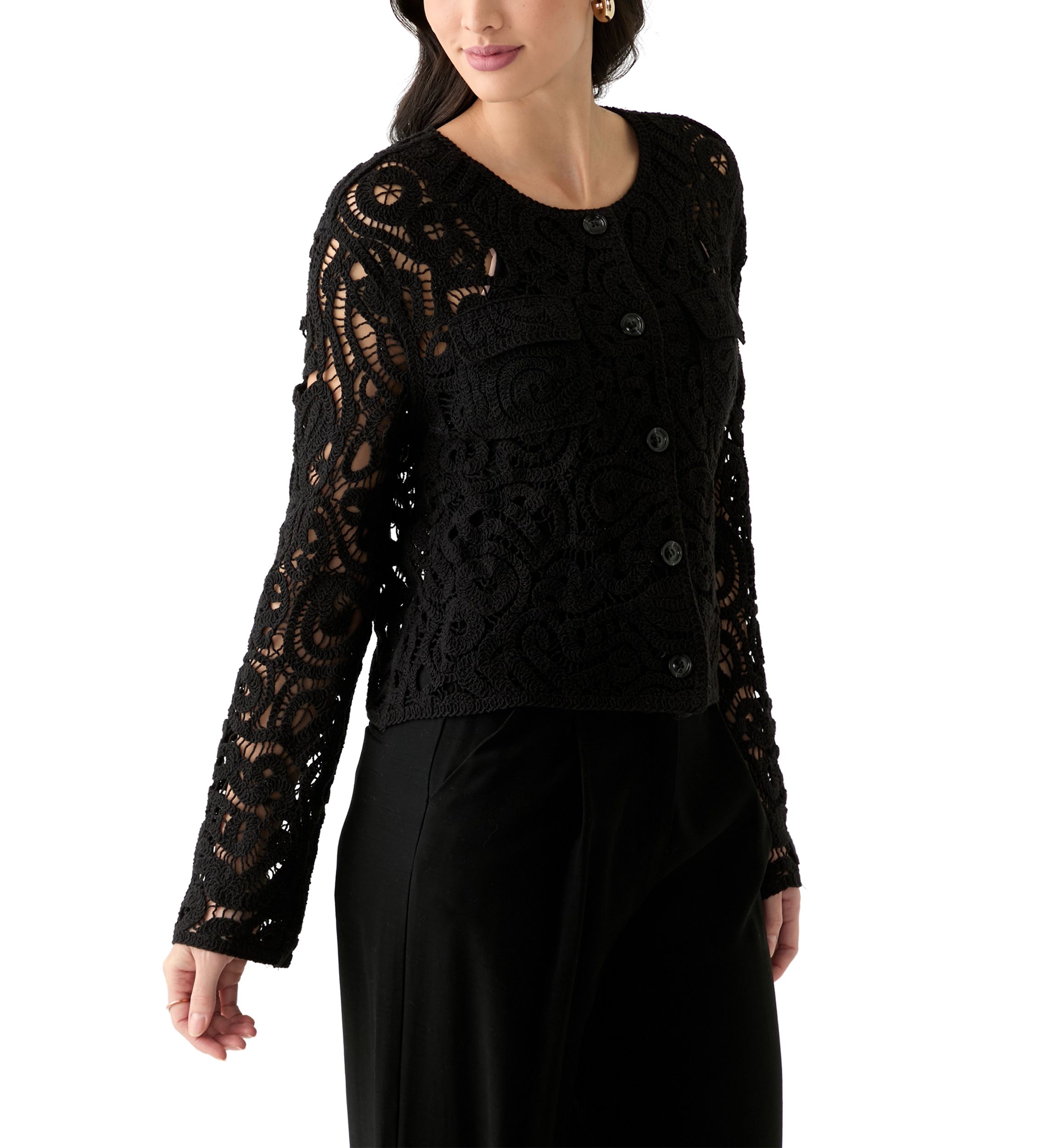 Womens Long Sleeve Crew Neck Button Up Crochet Coat