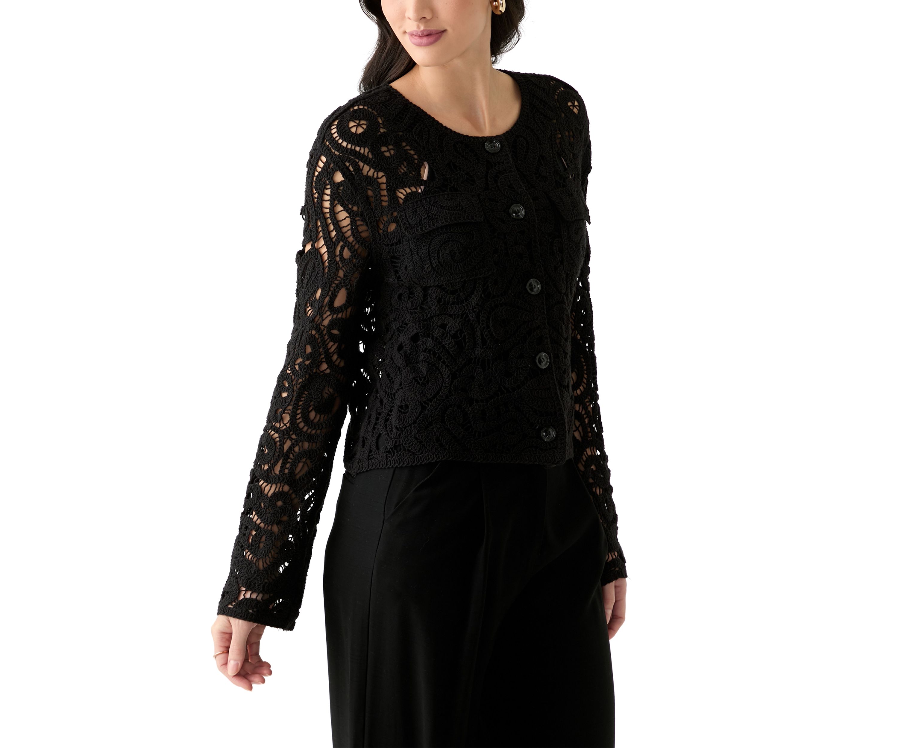 Womens Long Sleeve Crew Neck Button Up Crochet Coat