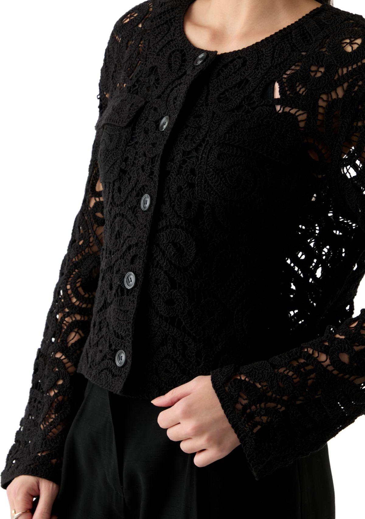 Womens Long Sleeve Crew Neck Button Up Crochet Coat