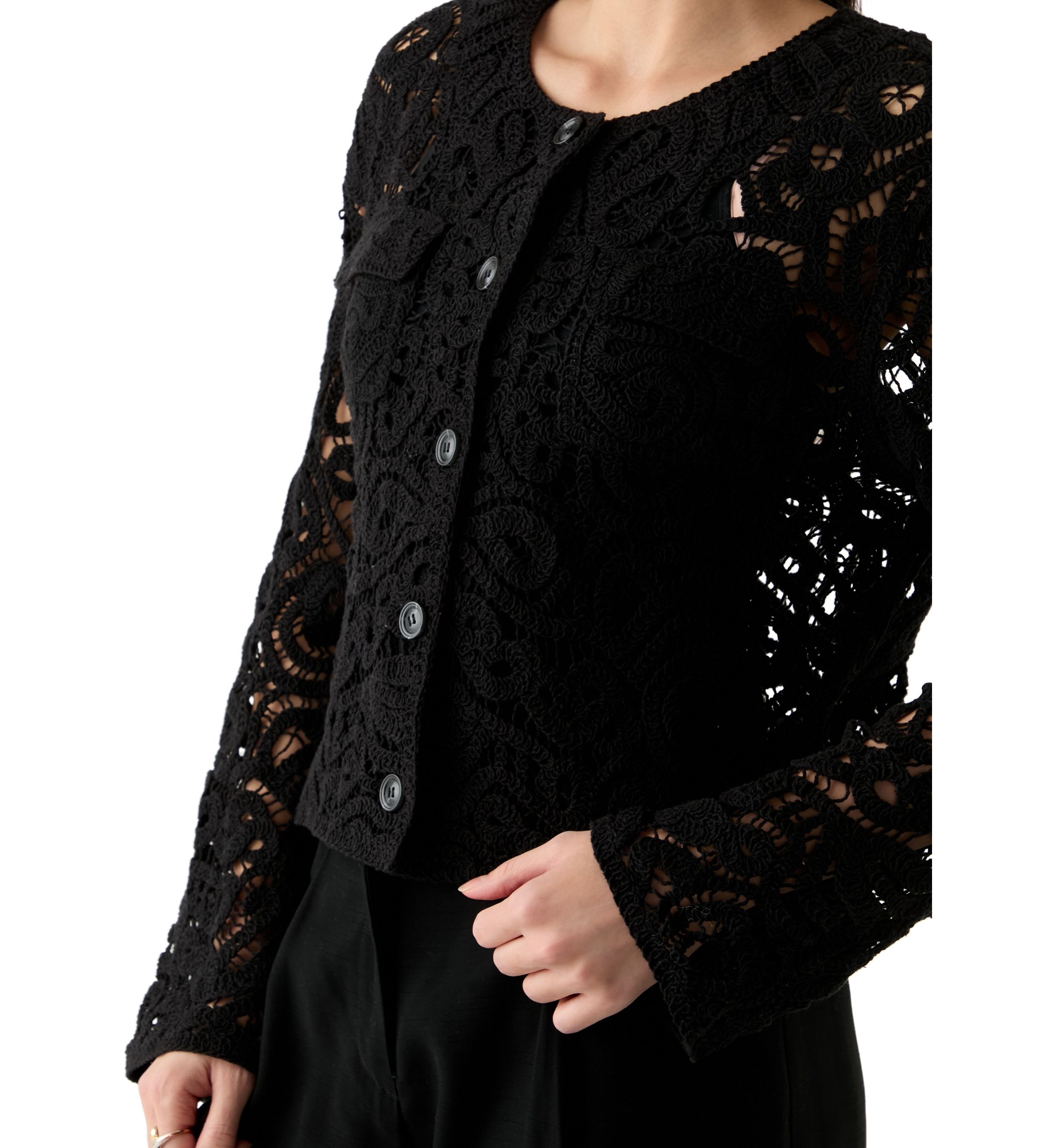 Womens Long Sleeve Crew Neck Button Up Crochet Coat