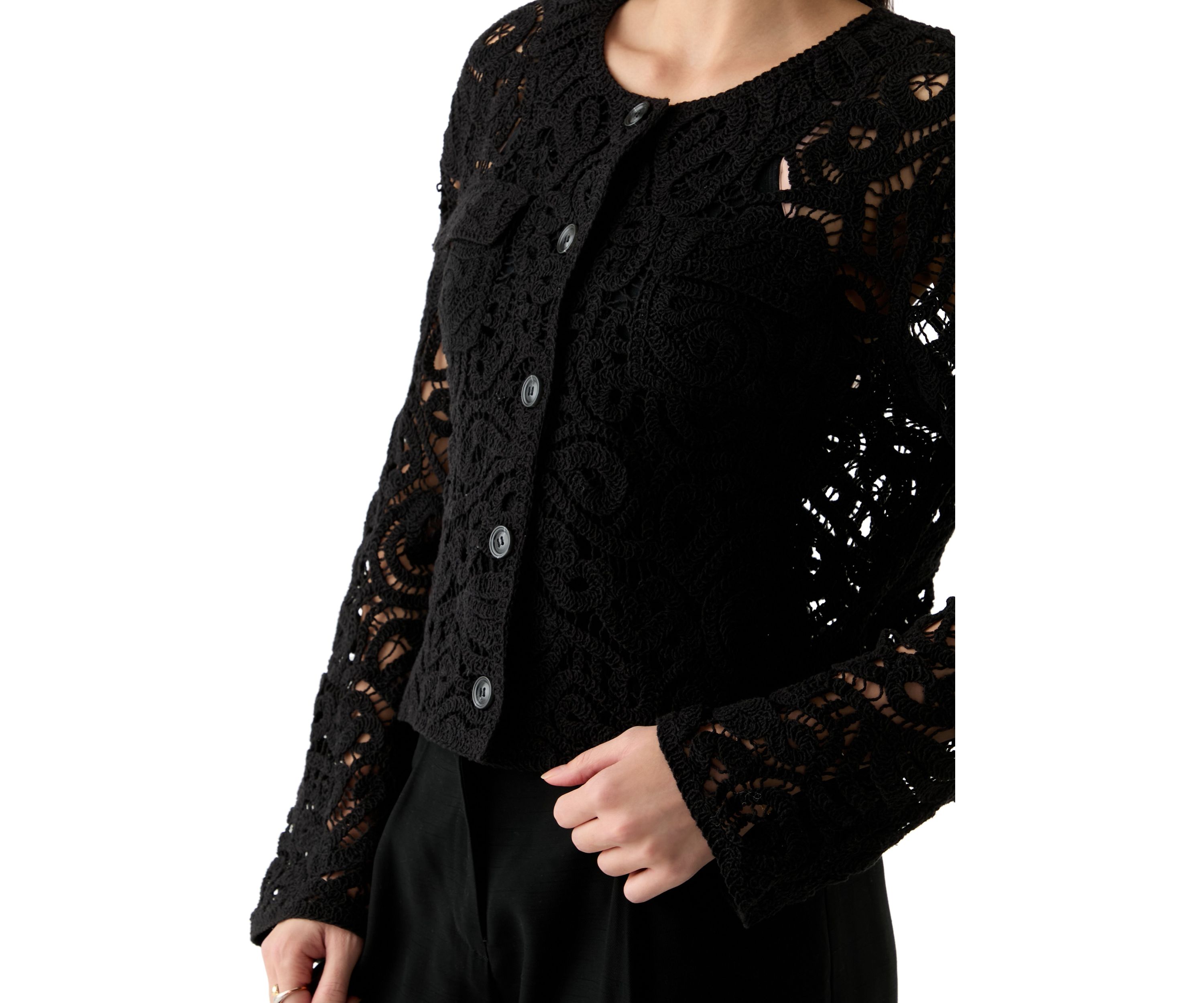 Womens Long Sleeve Crew Neck Button Up Crochet Coat