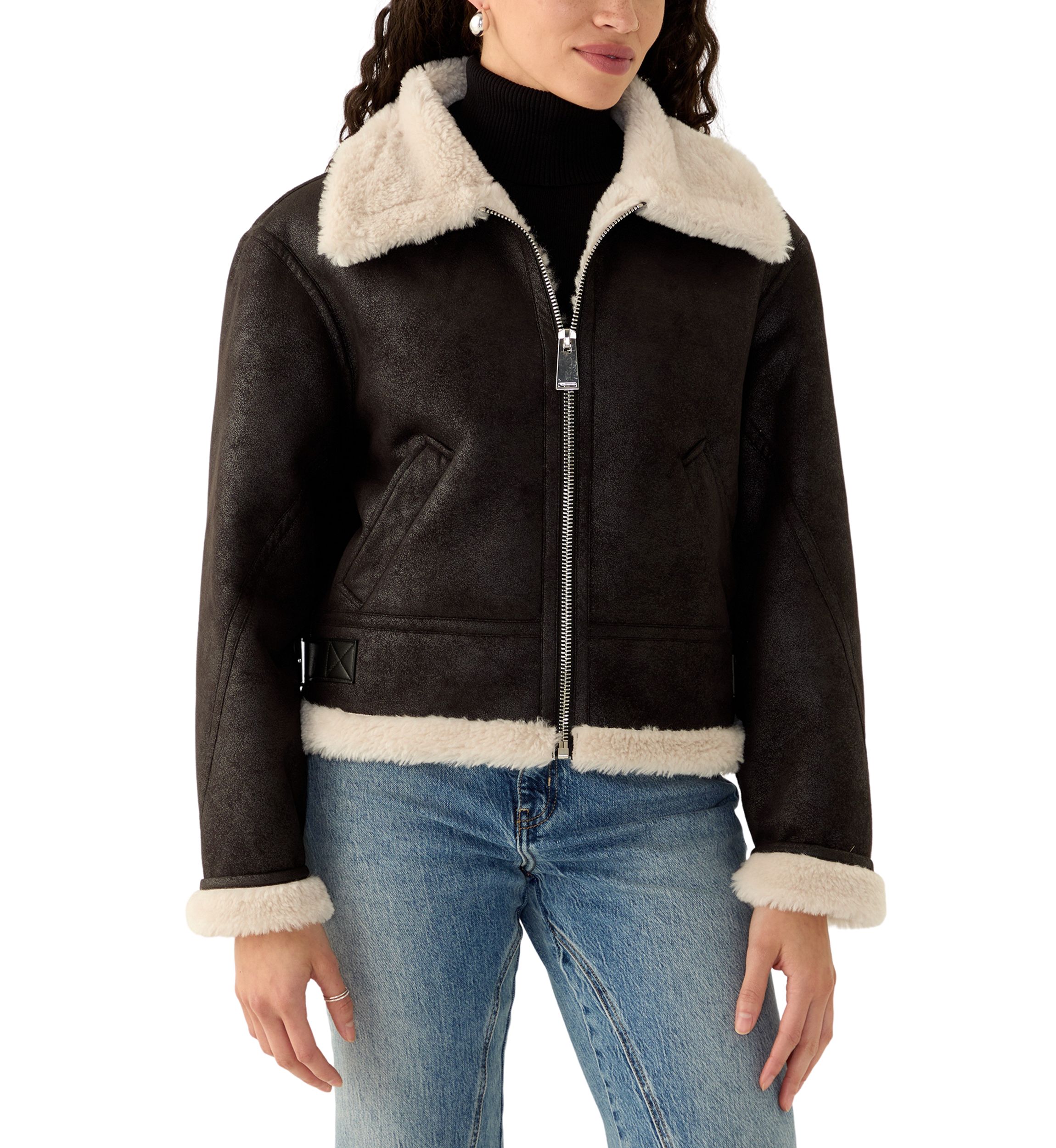 Womens Cropped Zip Front Collared Sherpa Jacket 