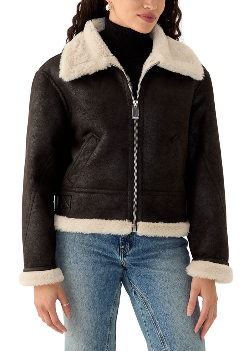 Womens Cropped Zip Front Collared Sherpa Jacket 