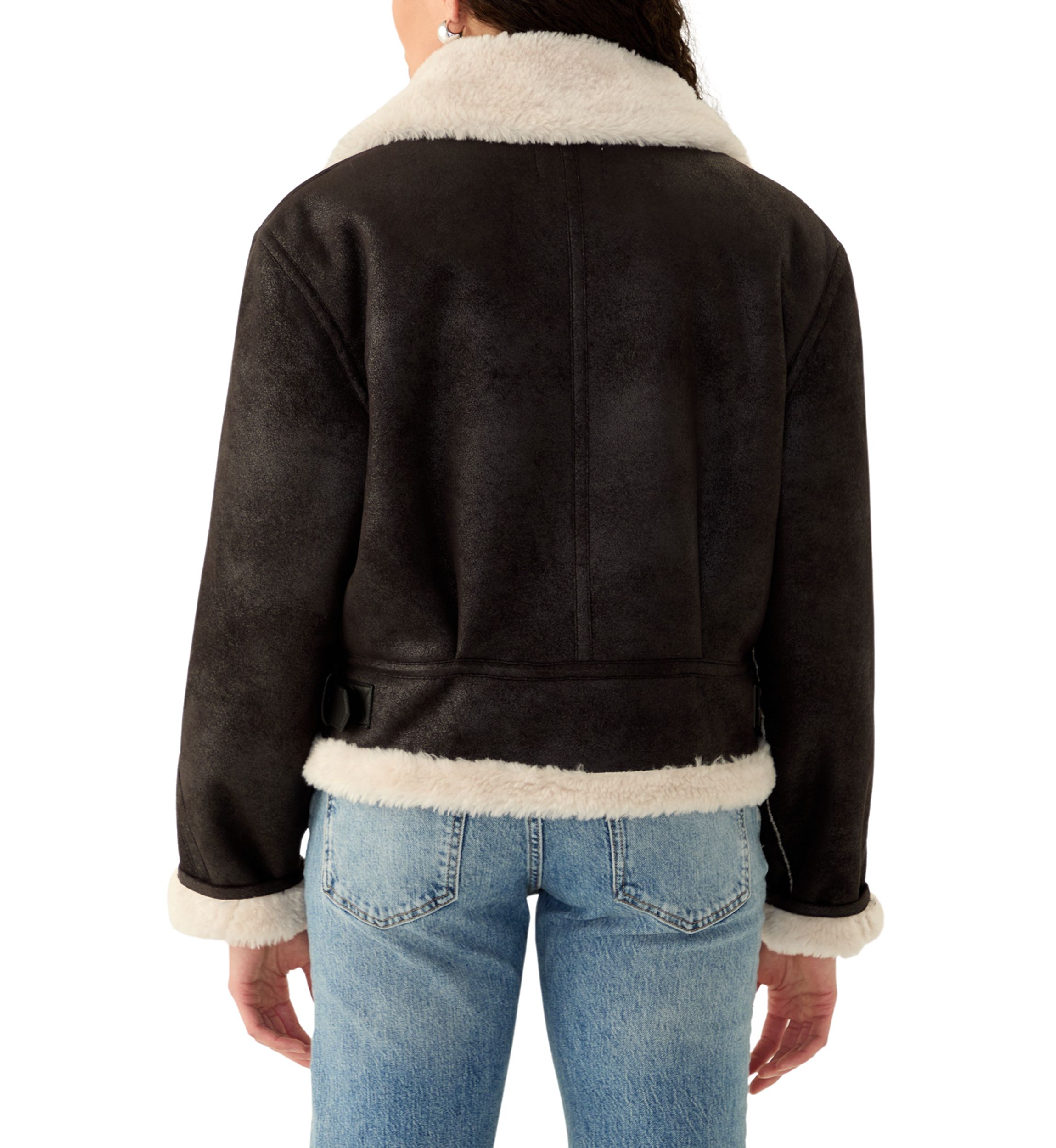 Womens Cropped Zip Front Collared Sherpa Jacket 