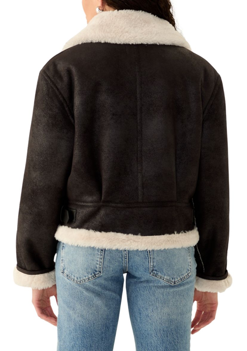Womens Cropped Zip Front Collared Sherpa Jacket 