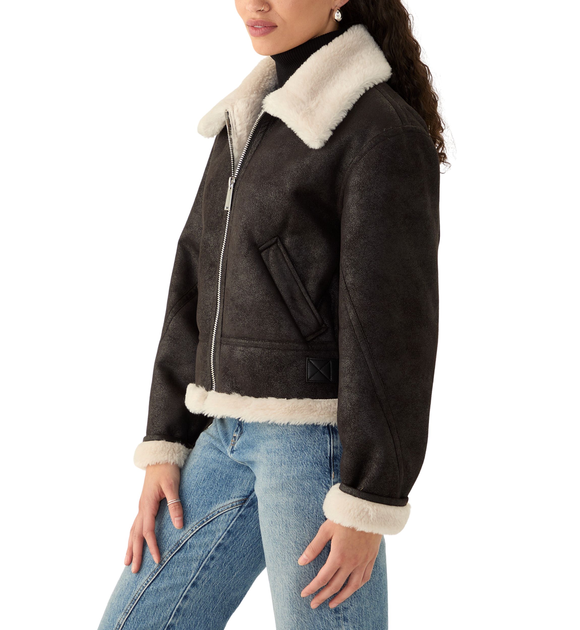 Womens Cropped Zip Front Collared Sherpa Jacket 