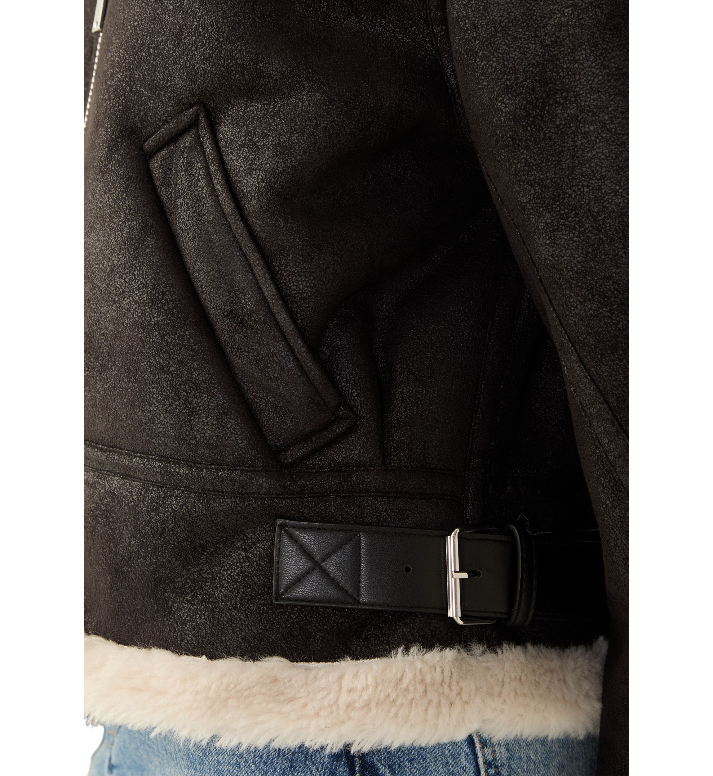 Womens Cropped Zip Front Collared Sherpa Jacket 