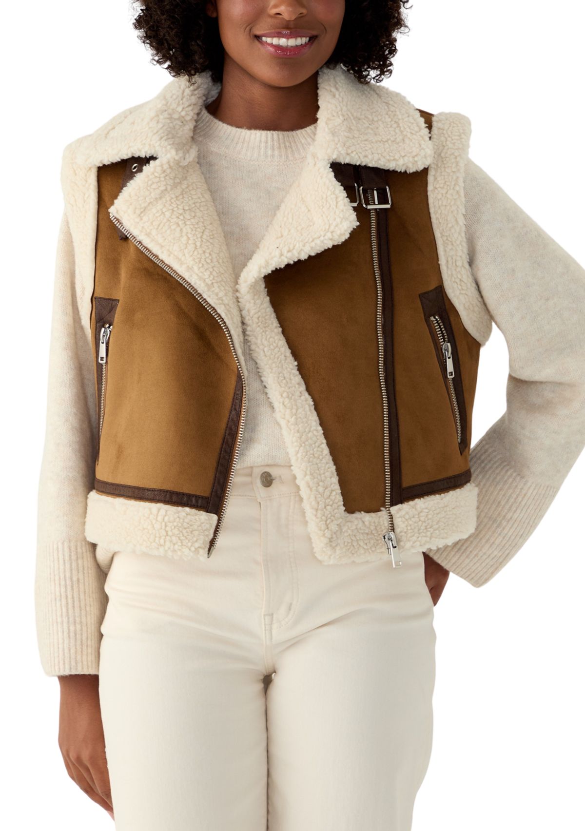 Womens Sherpa Lined Double Faced Faux Suede Vest 